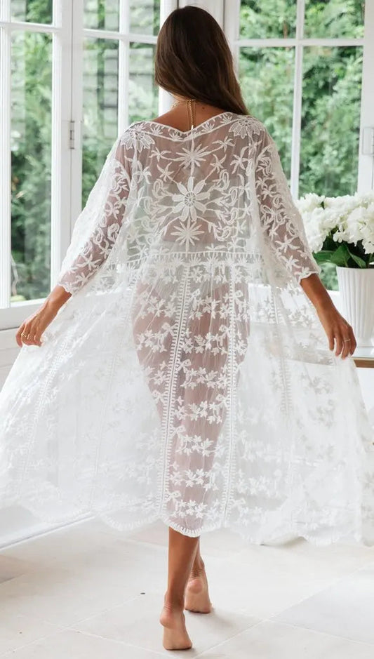White Lace Cardigan Boho Bikini Cover Up See-through
