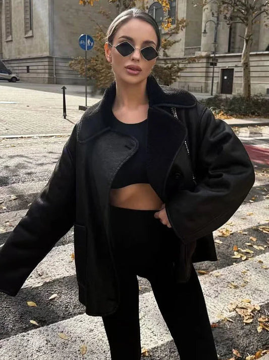 Plshoph Faux Leather Single-Breasted Overcoat