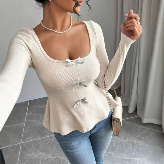 Bow Knit Casual Long Sleeve Ruffled Pullover Slim Knit Top