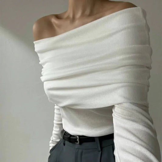 Off-Shoulder Slim Long Sleeve Pleated Sweater