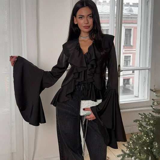 Ruffled Lace-Up V-neck Casual Long Sleeve Bloshope