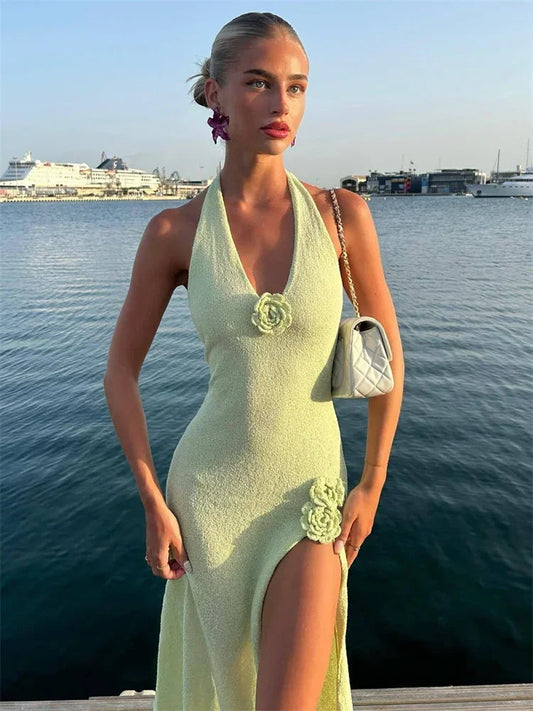 V-Neck Floral Knit Backless High Waist Dress