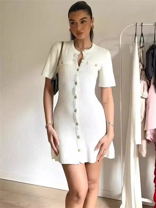 White Knit Pocket Mini Dress