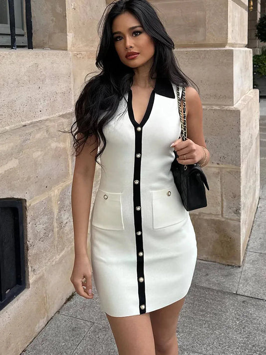 White Knitted Lapel Mini Dress