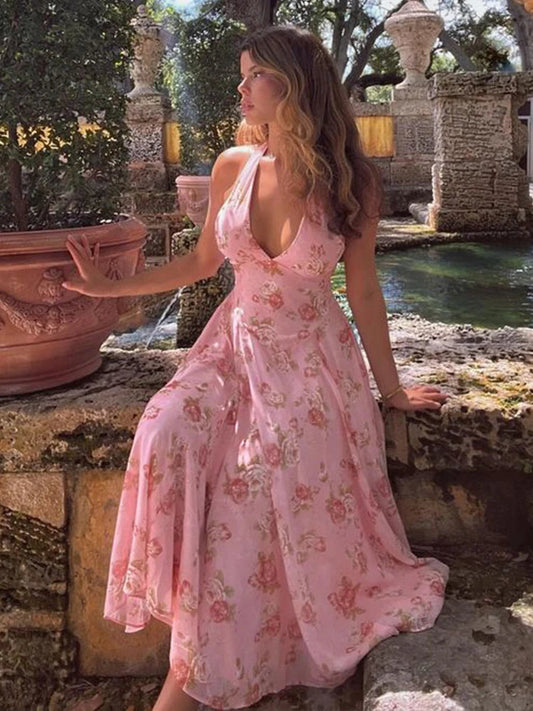 Floral Print Waist Wrap A-line Vacation Dress