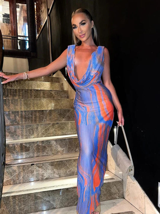 Print Deep V Neck Maxi Vacation Dress