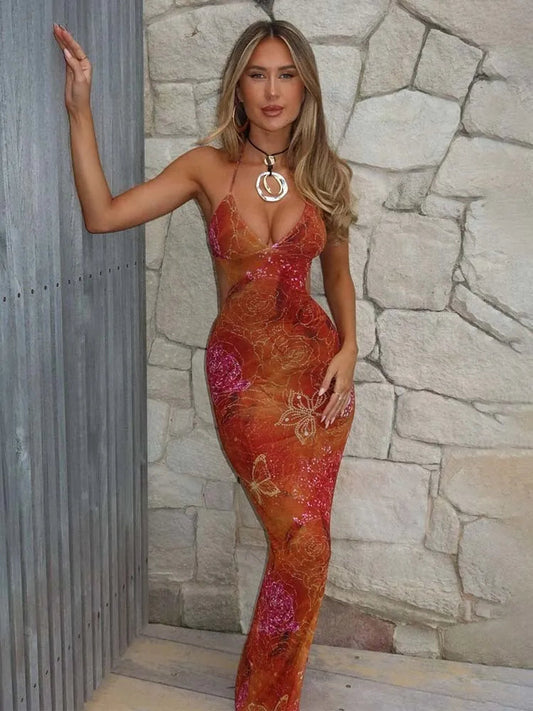Print Maxi Long Slim Bodycon Vacation Dress