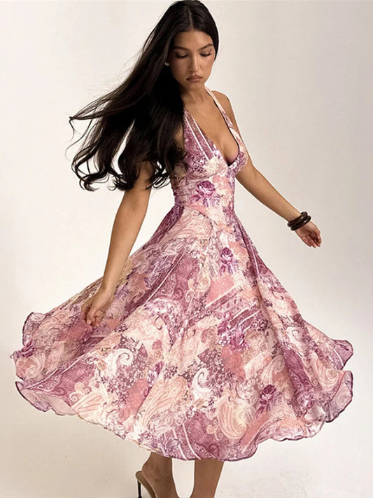 Print Pleated A-line Vacation Dress