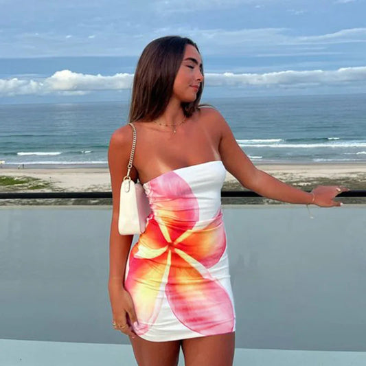 Print Slim Bodycon Strapless Mini Vacation Dress