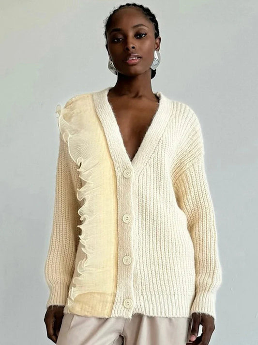 Lace Patchwork V-neck Ribbed Cardigan