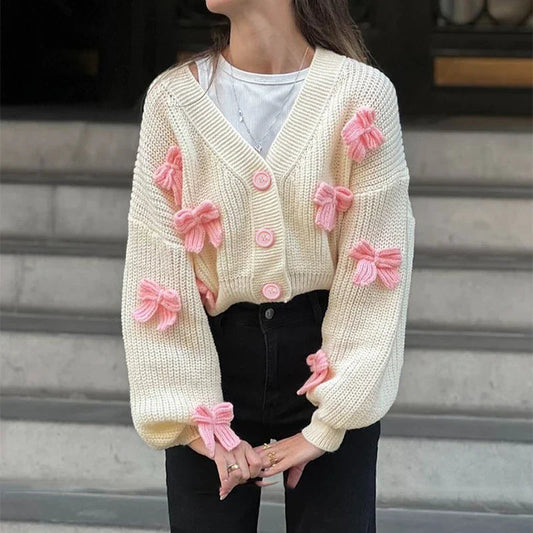 Embroidered Bow V-neck Cardigan