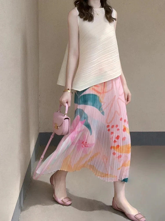 Floral Pleated Slimming High Waist Beach Comfort Skirt