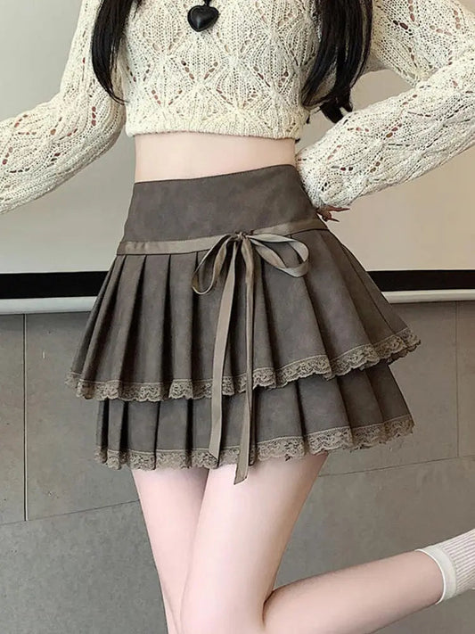 Vintage Bow Pleated PU Skirt