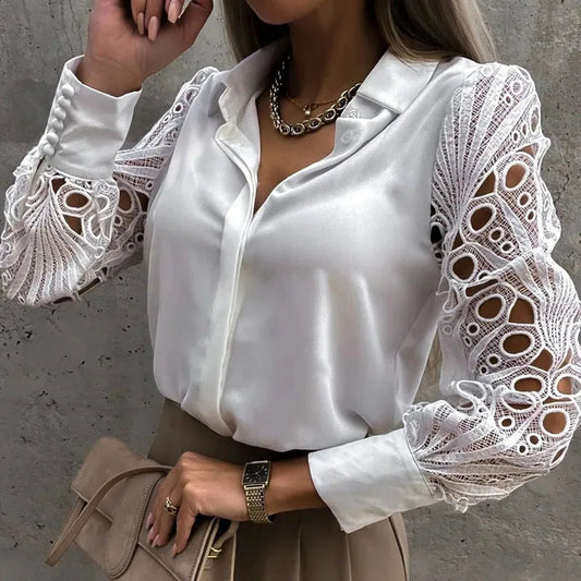 Casual White Lace Hollow-out Button Bloshope