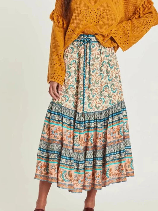 Vintage Chic Hippie Floral Peacock Printed High Waist Rayon A-Line Midi Boho Skirt