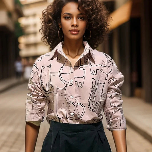 Cat Print Long Sleeve Vintage Casual Bloshope