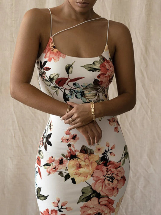 Vintage Slim Bodycon Spaghetti Strap Maxi Floral Dress