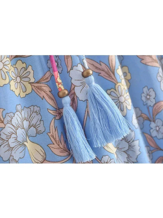 Vintage Hippie Blue Floral Print Tassel Beach Skirt High Elastic A-Line