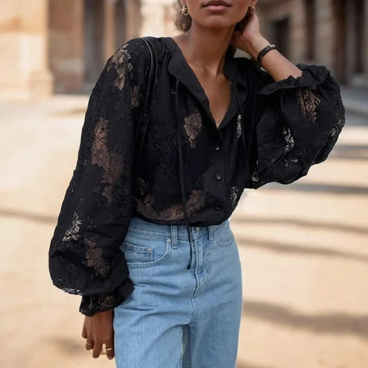 Vintage Hook Hollow Flower Lace Lantern Sleeve Bloshope