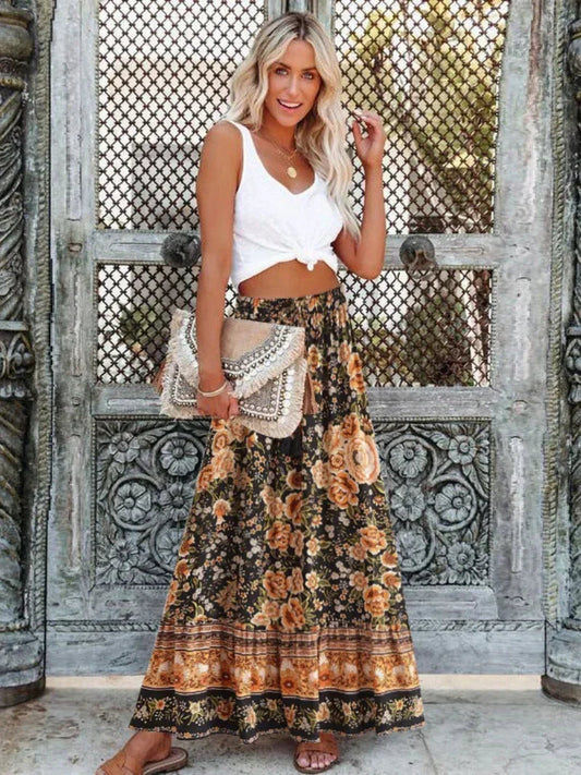 Vintage Summer Floral Print Beach Bohemian Pleated Skirt High Waist A-Line