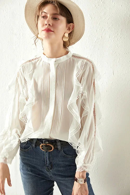 White Tiered Ruffles Hollow Out Cotton Boho Bloshope