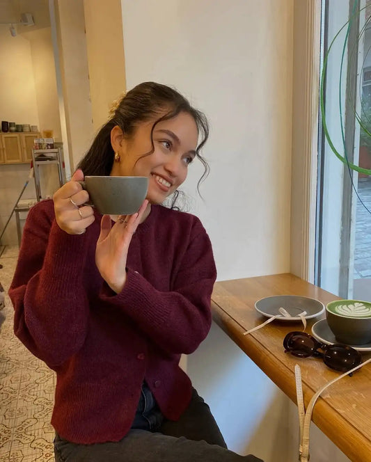 Wine Red Button Round Neck Cardigan