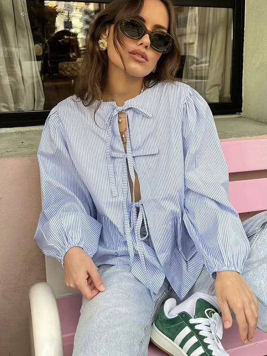 Striped Puff Sleeve Holiday Bloshope