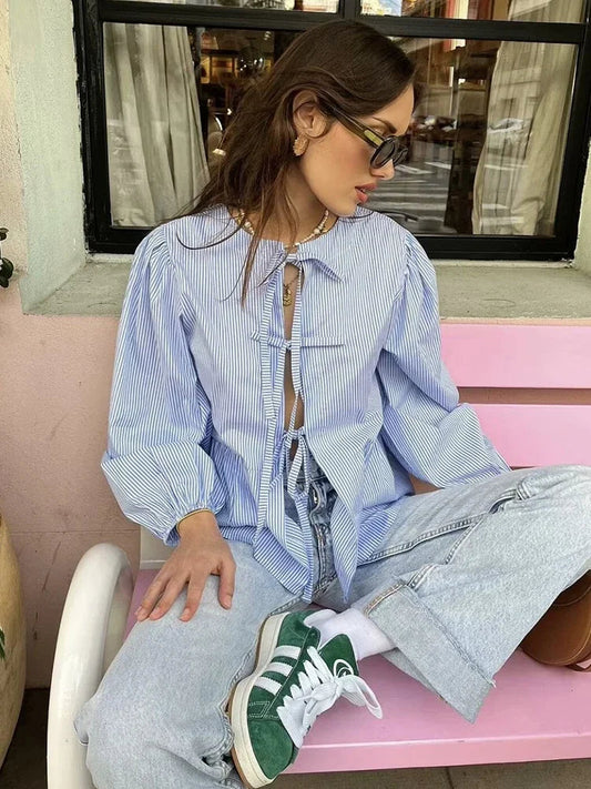 Vintage Puff Sleeve Bow Button Bloshope