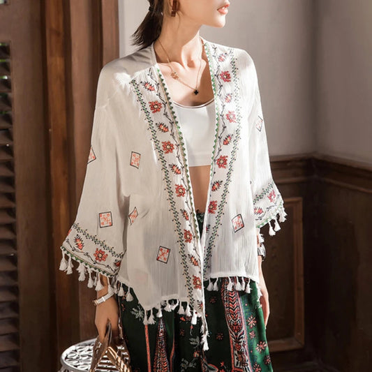 White Cotton Rayon Floral Embroidery Beach Cover up
