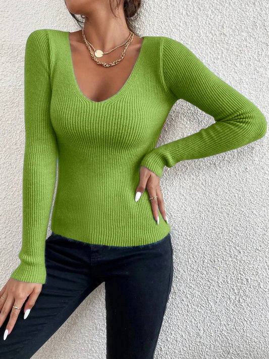 Rib Knit V-Neck Stripe Pullover Sweater Knit Top