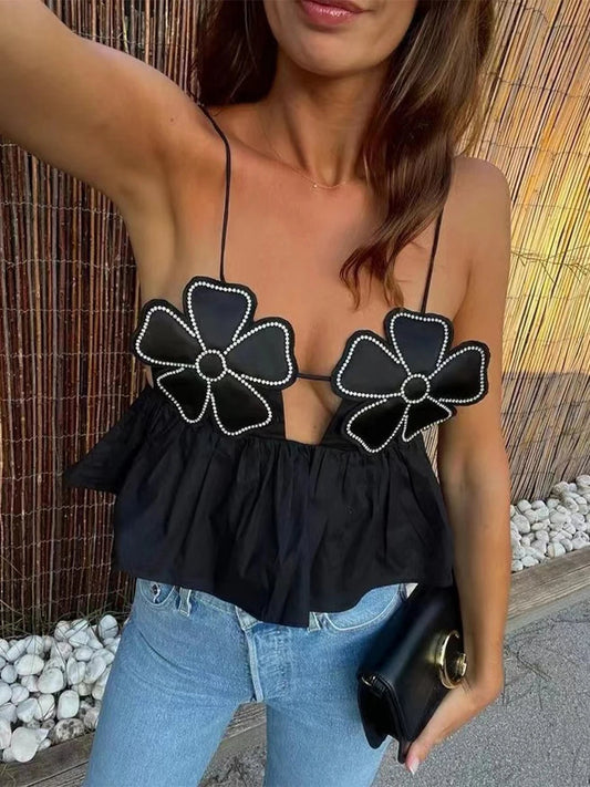 3D Flower Spaghetti Strap Backless Crop Top