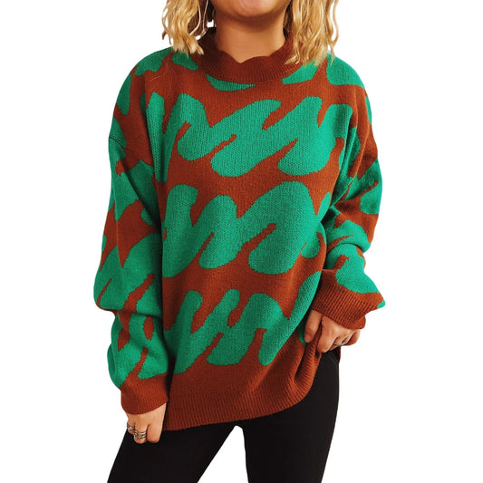 Wave Stripe Print Crew Neck Warm Sweater