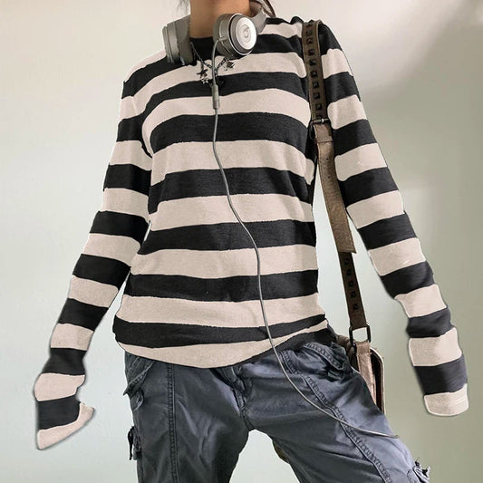 Fairy Grunge Knit Oversized Striped Long Sleeve Crewneck Knit Top