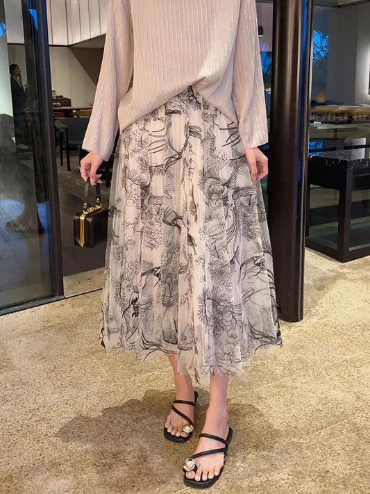 Flocking Flower Bird Tulle Gauze Elastic Waist Midi Skirt