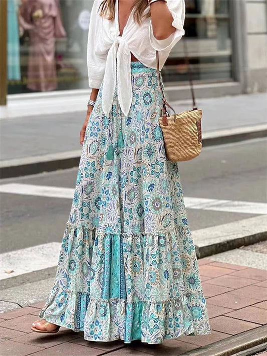 Women Flowy Boho Skirt Printed Ruffled Hem Summer Vacation Club Skirt