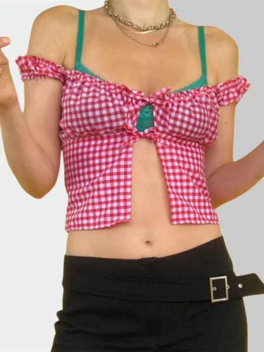 Sleeveless Plaid Square Neck Tie-up Bloshope