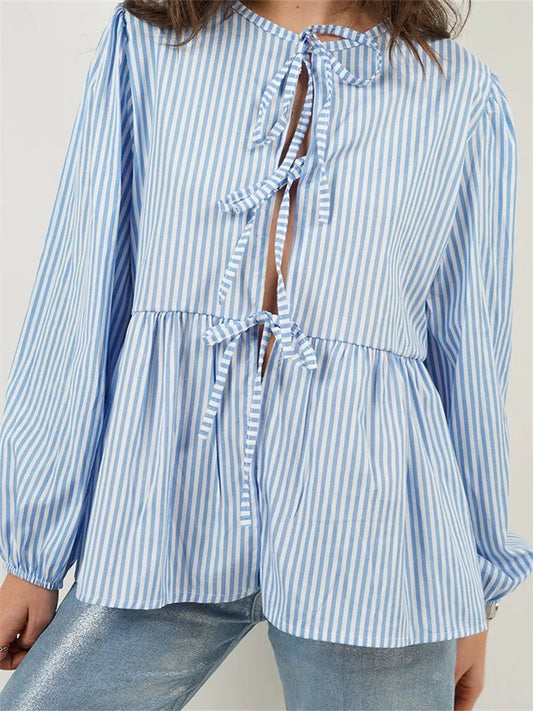 Plaid Stripe Front Tie-up Long Sleeve Bloshope