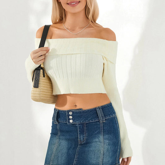 Solid Color Boat Neck Crop Sweater