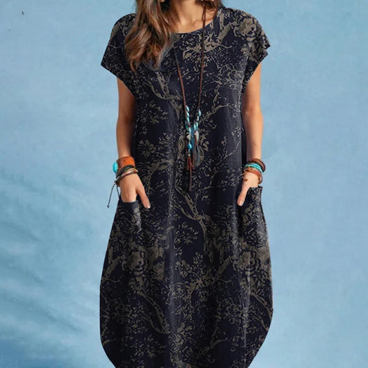 Cotton Linen Loose O-neck Floral Dress