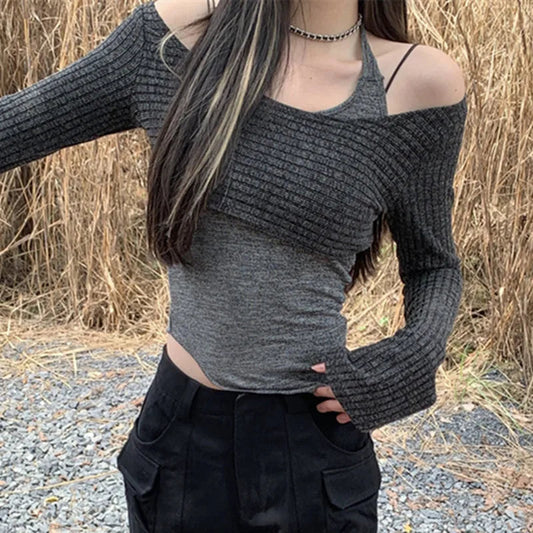 Solid Tank Tie-Up Halter Backless Long Sleeve Knit Top