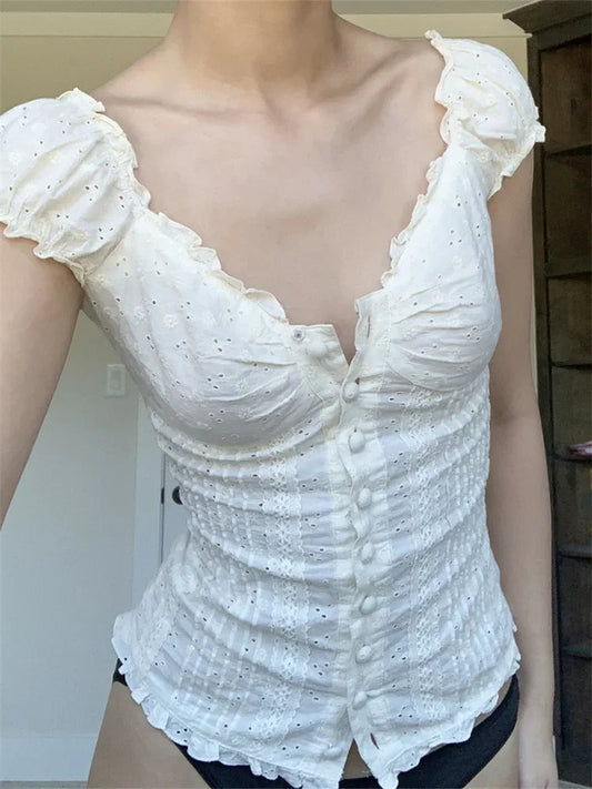 Retro Square Neck Button Down Short Sleeve Bloshope