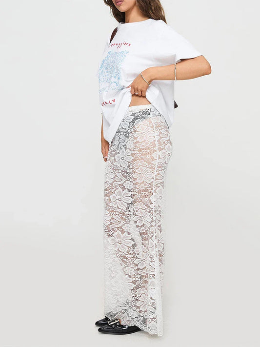 Summer Sexy Sheer Lace Floral Long Skirt Y2K Party