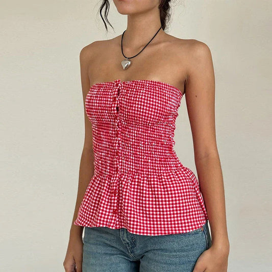 Plaid Print Tube Top Backless Slim Fit Crop Top