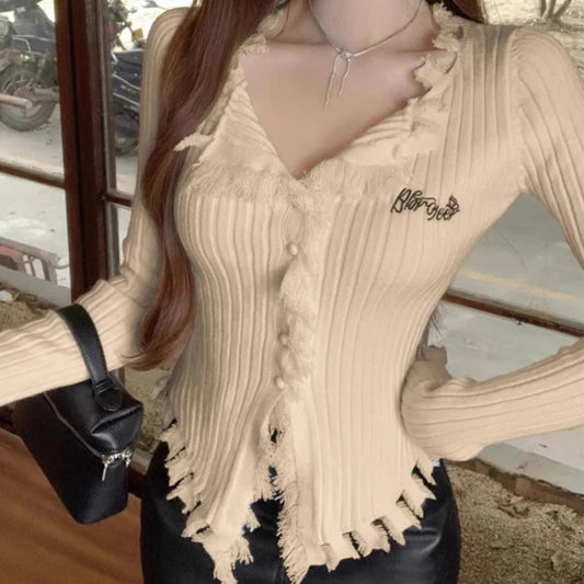 V-Neck Knit Sweater Pattern Tassel Irregular Hem Knit Top
