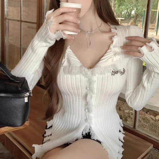 V-Neck Knit Sweater Pattern Tassel Irregular Hem Knit Top