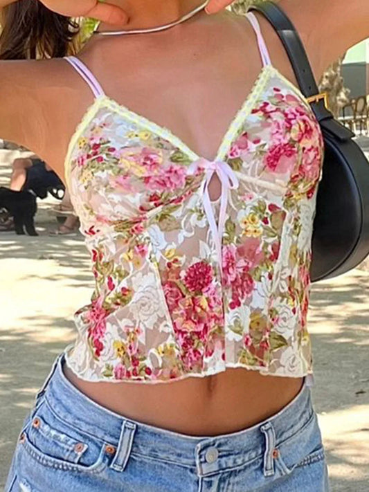Lace Sheer Floral V Neck Crop Top