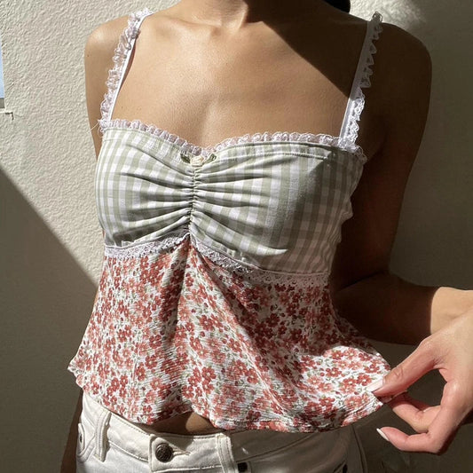 Y2K Lace Trim Plaid Floral Sleeveless Crop Top