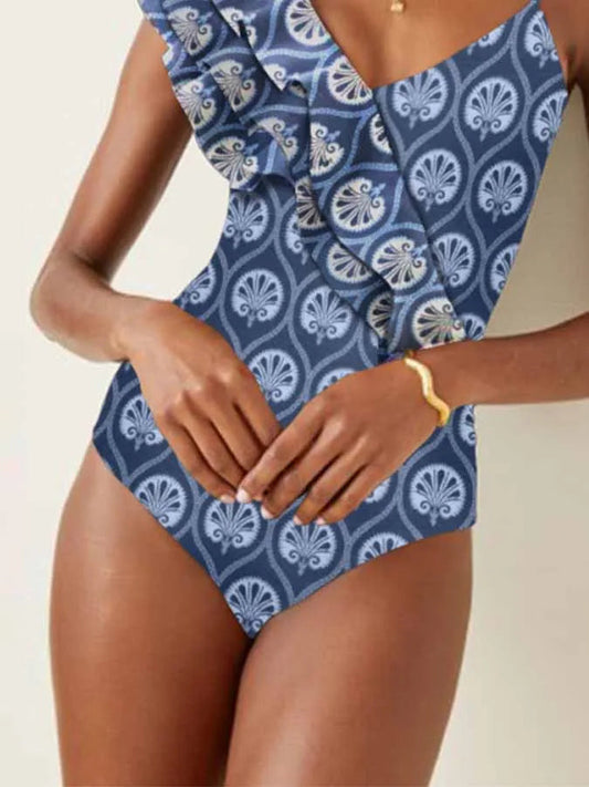 Blue Printed Deep V One Piece Swimsuit