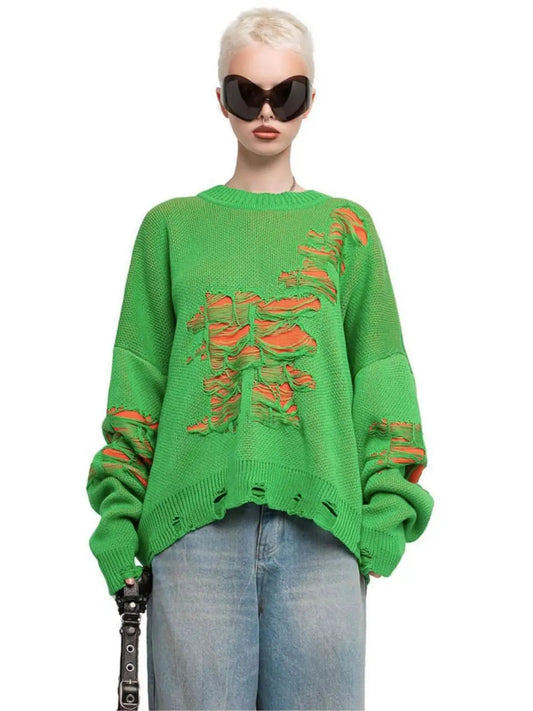 Colorblocking Torn Knit Pullover Sweater
