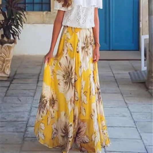 Fashion Boho Chiffon Floral Long High Waist Pleated Skirt